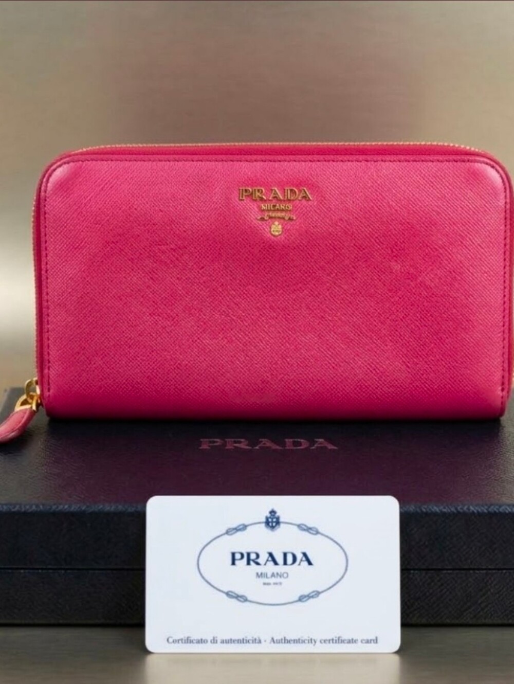 Prada Zip-Around Saffiano Wallet in Hot Pink with Gold Trim Box & COA